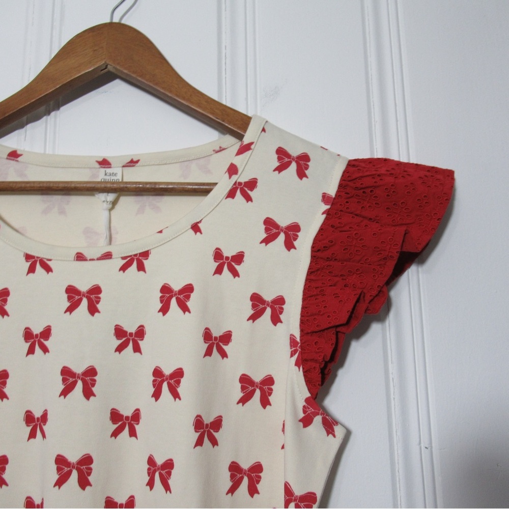 Kate Quinn Organic Cotton Retro Flutter Tee Red Bow Print Size Large - Picture 4 of 14